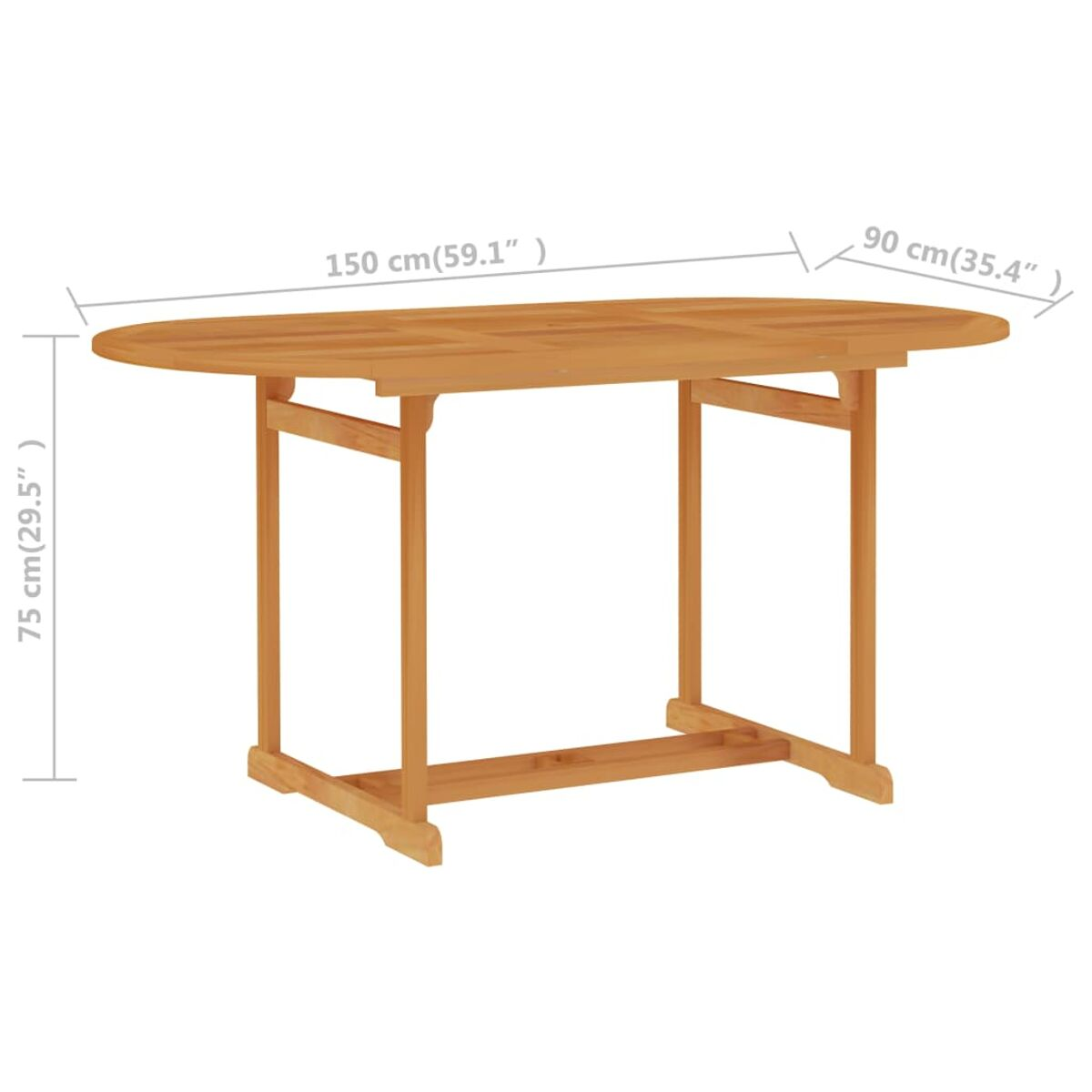 Ovaler Holztisch mit Maßen in cm und Zoll.