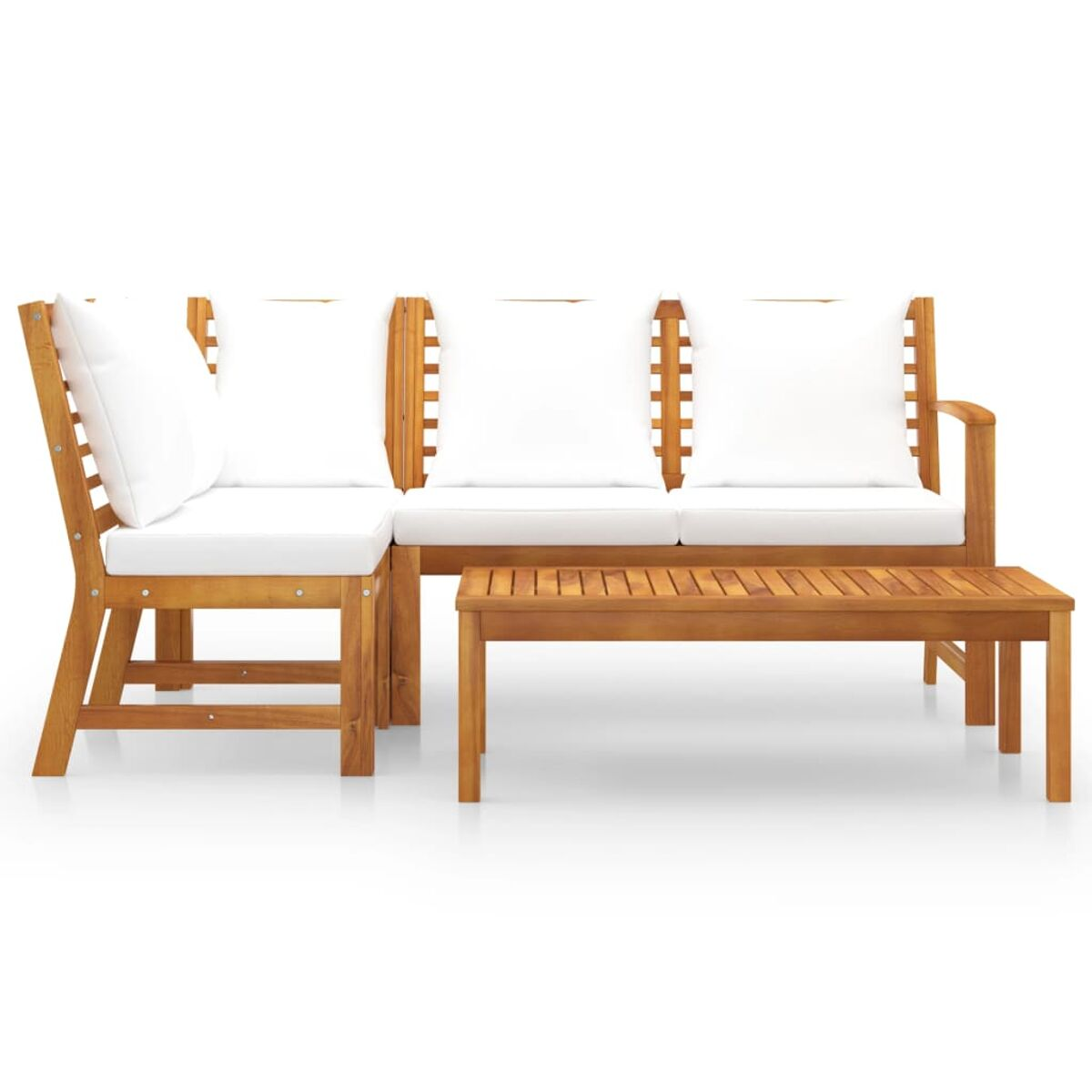 Holz-Outdoorset mit weißen Kissen. Weißer Hintergrund.