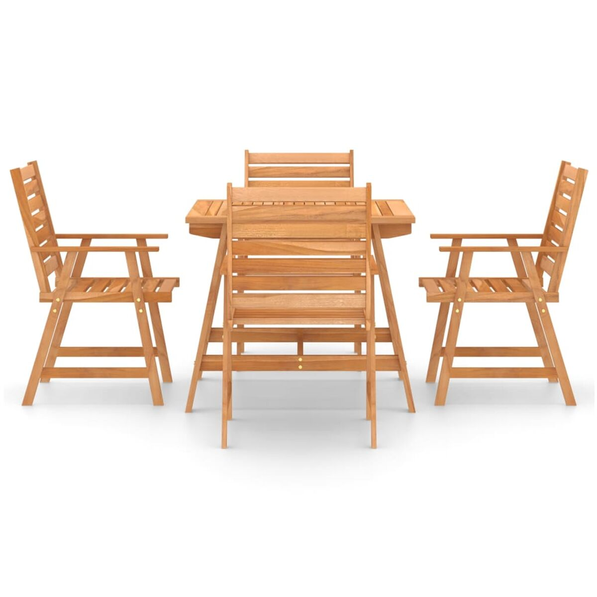 Ein Holz-Terrassen-Set mit Tisch und vier Stühlen, alles aus Holz.