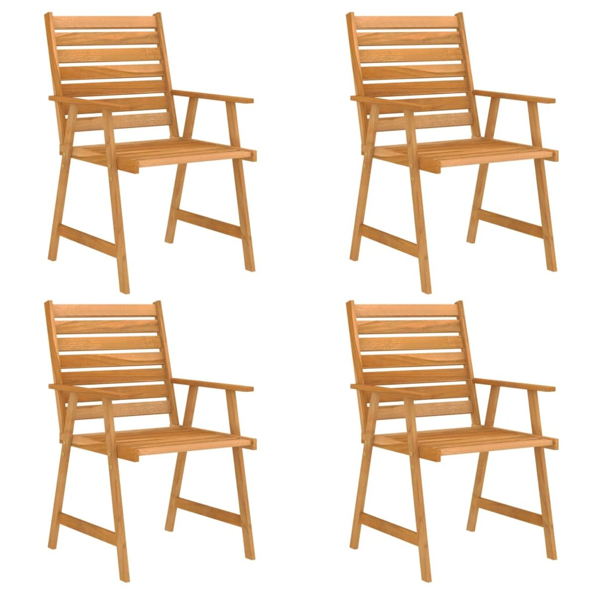 Vier Holzstühle mit Armlehnen. Sie sind hellbraun.