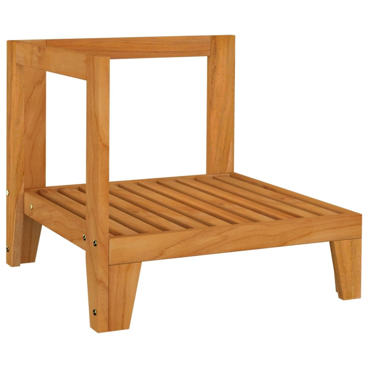 Holz-Beistelltisch mit Lattenregal auf Weiß.