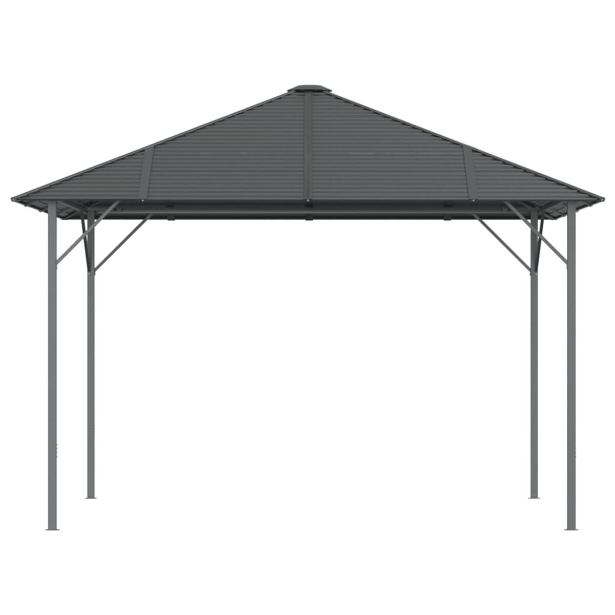 Dunkelgrauer Pavillonrahmen. Das Dach ist dunkelgrau, abgewinkeltes Design. Einfach und modern.