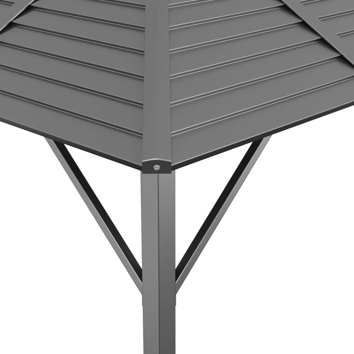 Nahaufnahme der Ecke eines grauen Metallpavillondachs. Die Details der Struktur sind sichtbar.