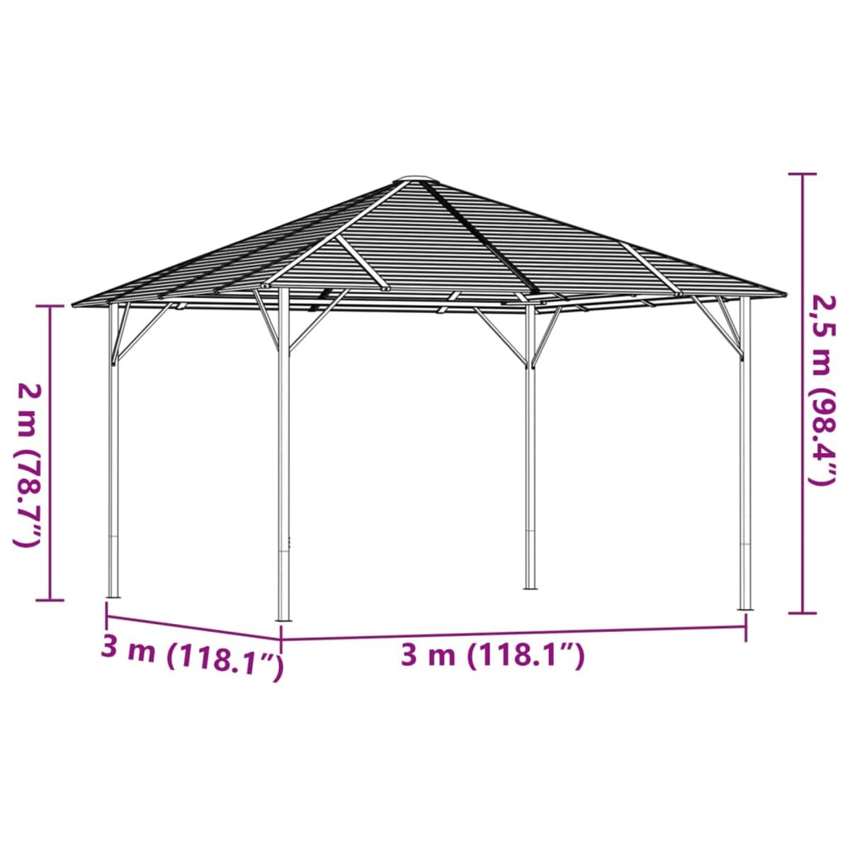 Ein Metallpavillon mit einem Lamellendach, Abmessungen in Metern.
