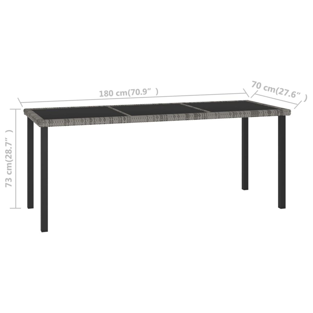Tisch für den Außenbereich, 180 cm lang, mit drei Glasplatten oben und schwarzen Beinen.