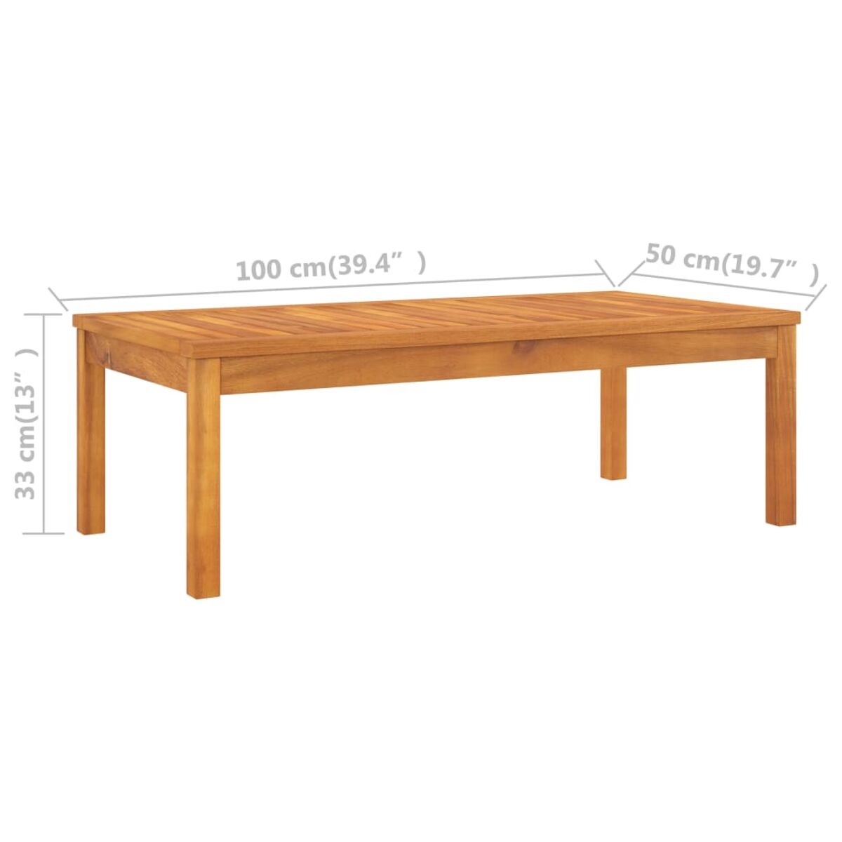 Rechteckiger Holztisch. Er hat vier Beine. Maße sind an der Seite sichtbar.