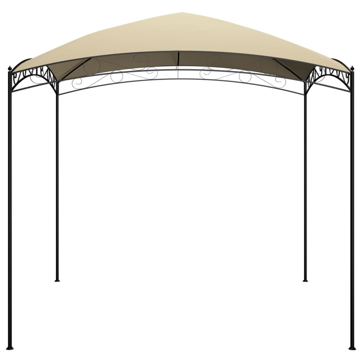 Ein beigefarbener Pavillon mit schwarzen Pfosten und einem gewölbten Dach. Weißer Hintergrund.