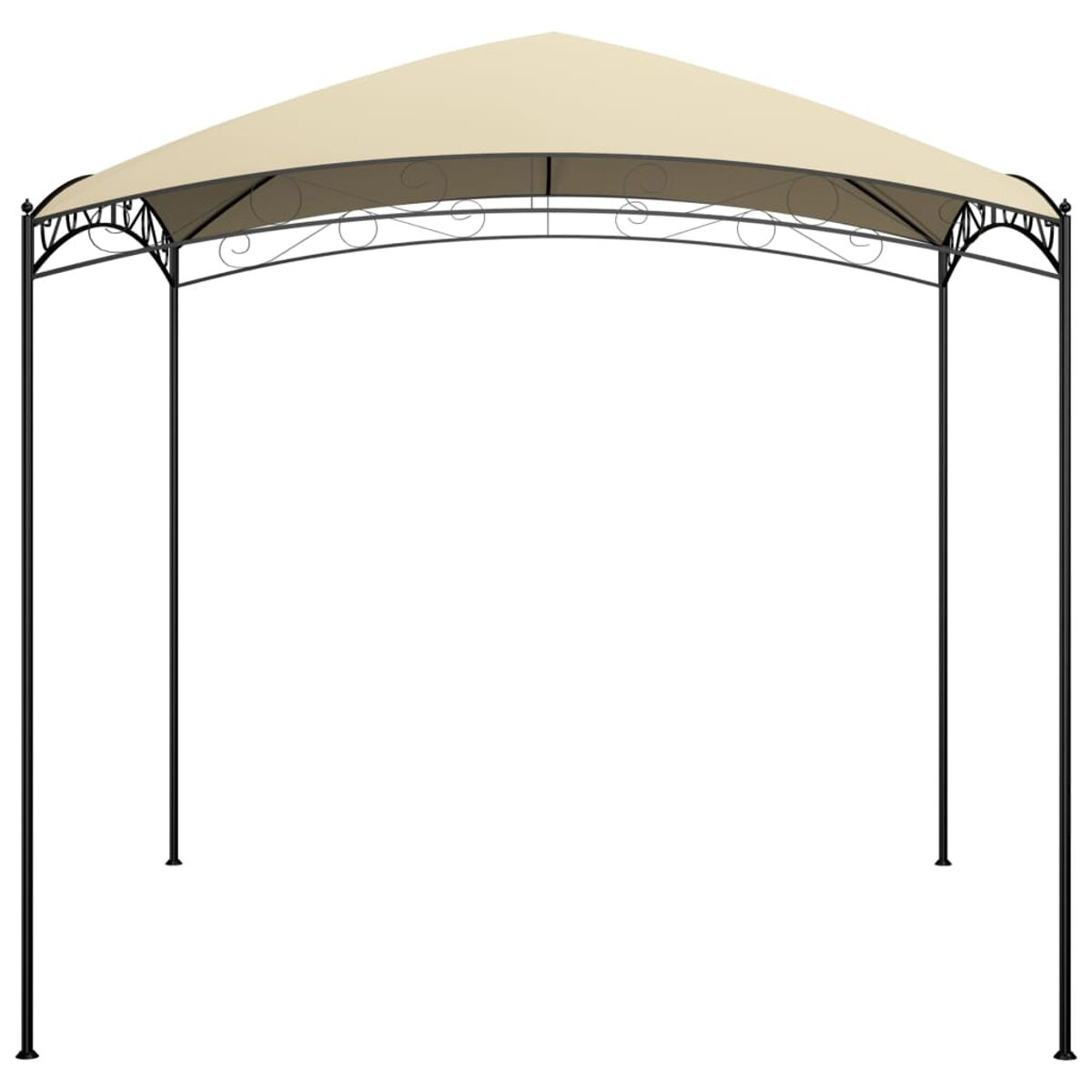 Beiger Pavillon mit Spitzdach, getragen von schwarzen Pfosten und Zier-Metall.