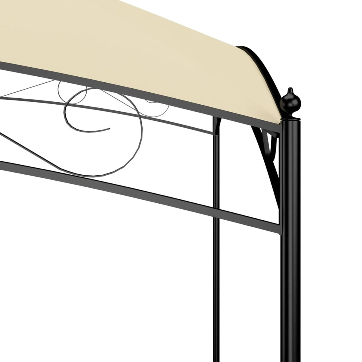 Nahaufnahme des Daches eines Pavillons. Es hat einen schwarzen Rahmen und beigen Stoff mit einem Curl-Detail.