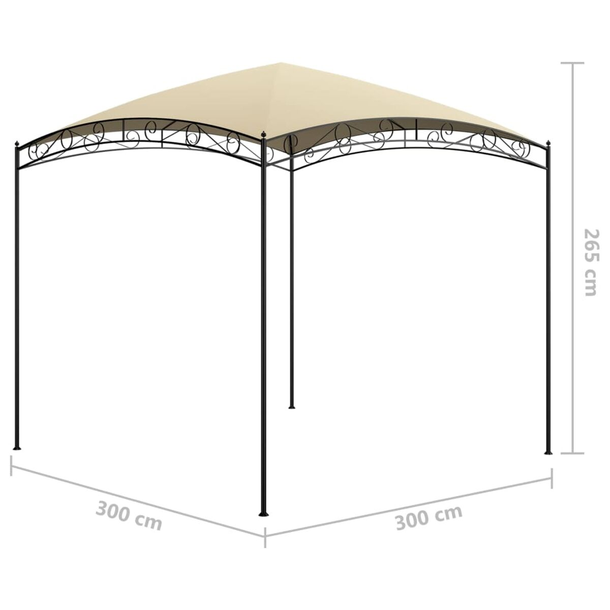 Beiger Pavillon mit schwarzem, verzierten Rahmen. Maße: 300x300x265 cm.