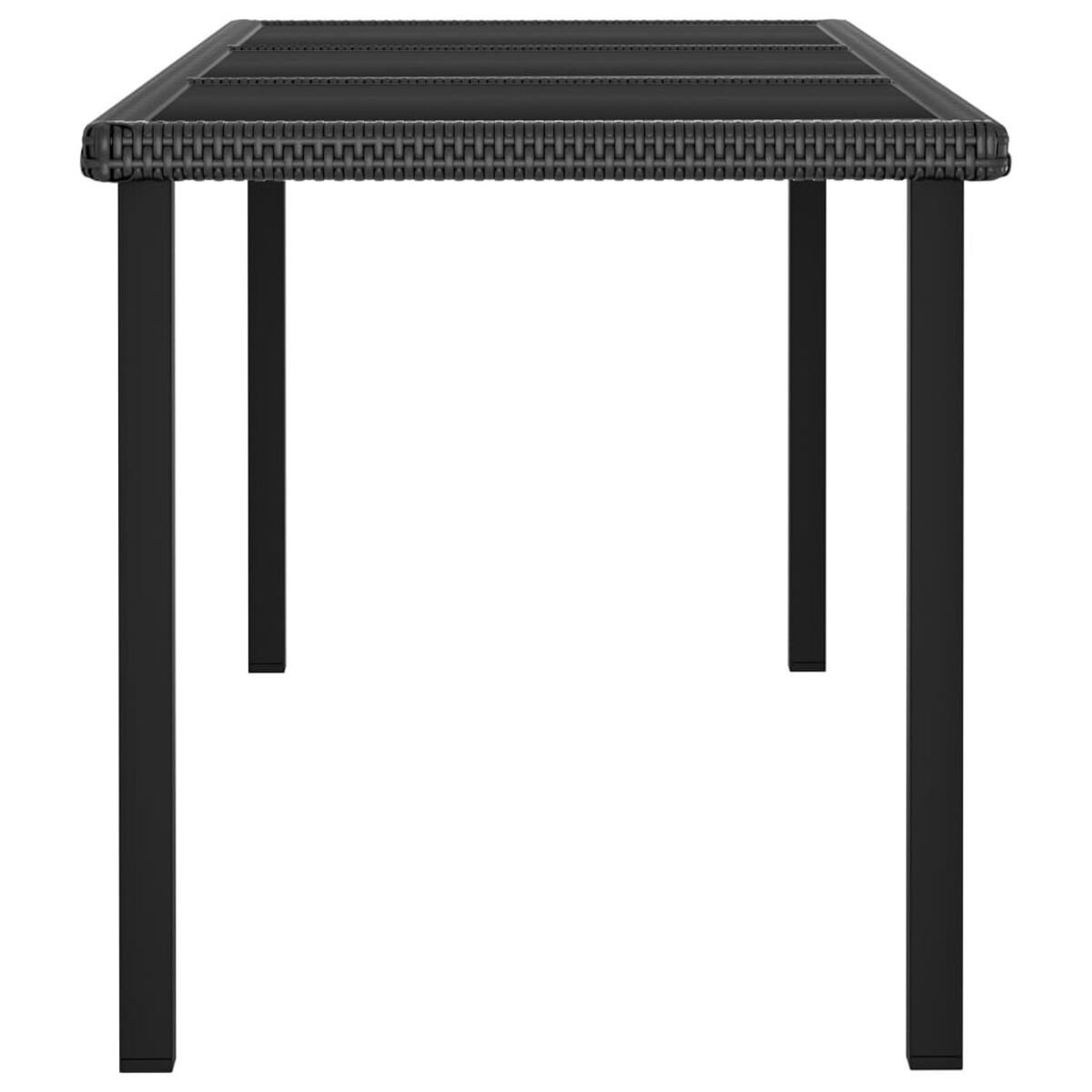 Schwarzer Gartentisch mit vier Beinen. Der Tisch hat eine gewebte Oberfläche.