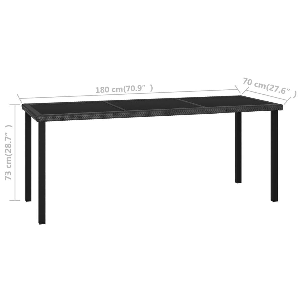 Schwarzer rechteckiger Tisch. Er hat eine gewebte Platte und schwarze Beine. Abmessungen sind 180x70x73cm.