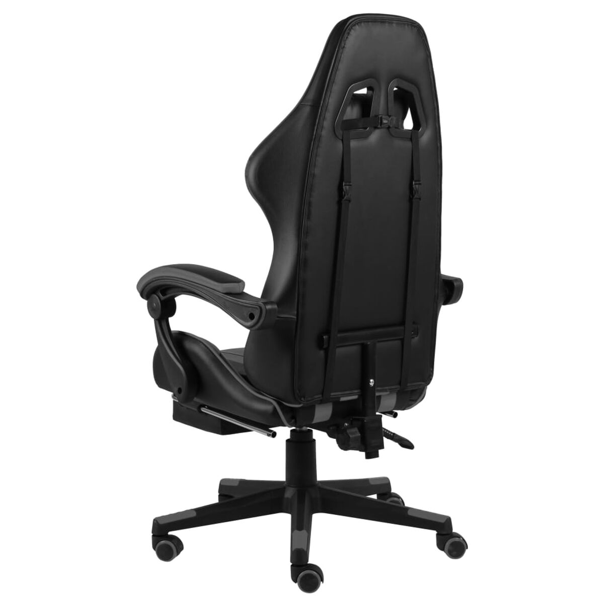 Die Rückseite eines schwarzen Gaming-Stuhls. Er ist aus Leder gefertigt und hat ein schwarzes Untergestell mit Rollen.