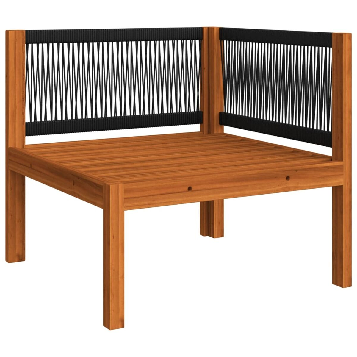 Ecksofa aus Holz mit schwarzen Seildetails. Es hat eine natürliche Holzoberfläche und ein modernes Design.