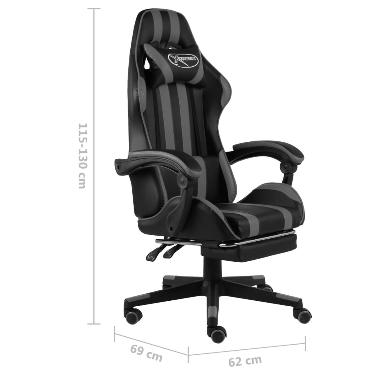 Schwarzer und grauer Gaming-Stuhl mit Maßen. Weißer Hintergrund.
