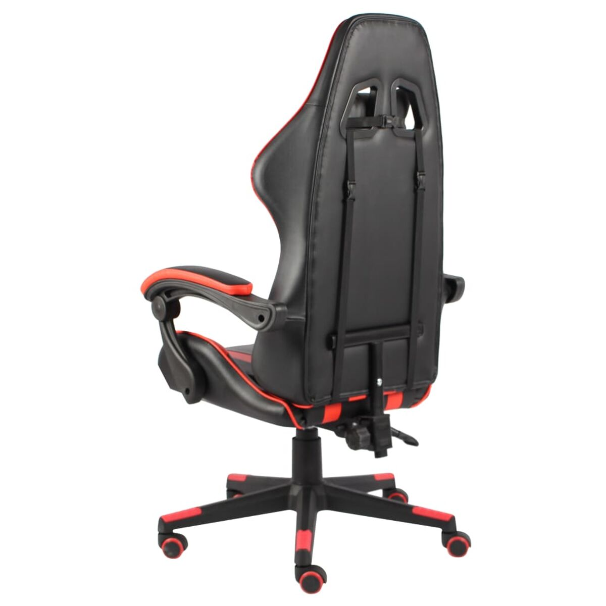 Ein schwarzer und roter Gaming-Stuhl von hinten. Der Stuhl hat eine hohe Rückenlehne.