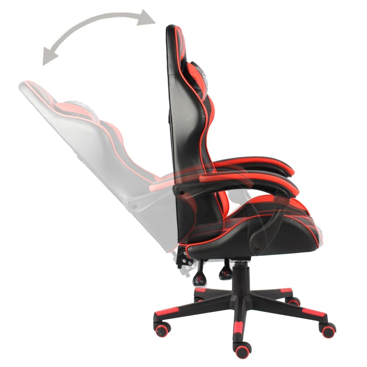 Gaming-Stuhl mit roten und schwarzen Akzenten, verstellbare Rückenlehne.
