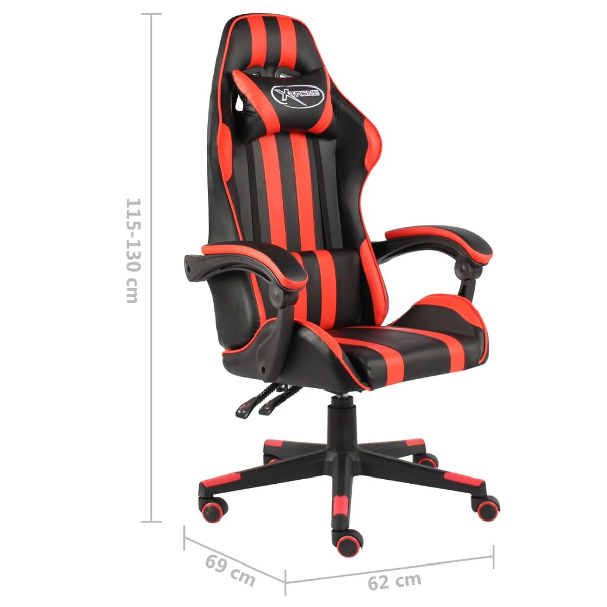 Roter und schwarzer Gaming-Stuhl mit Maßen auf weißem Hintergrund.