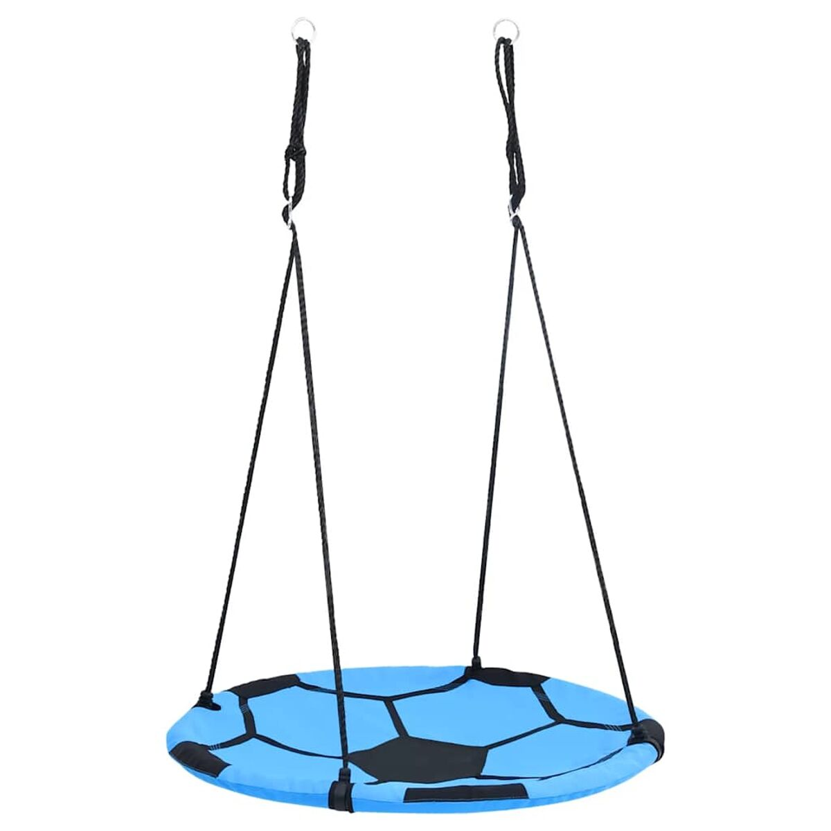 Un'altalena a forma di pallone da calcio blu e nero, appesa a due corde nere.
