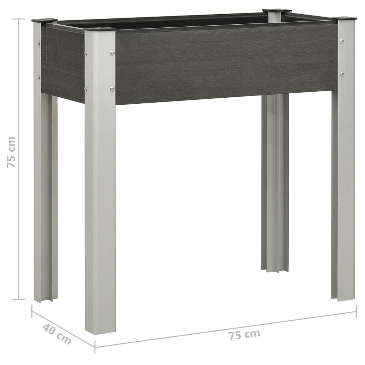 Dunkelgrauer Pflanzkübel mit Metallbeinen, Maße in cm.