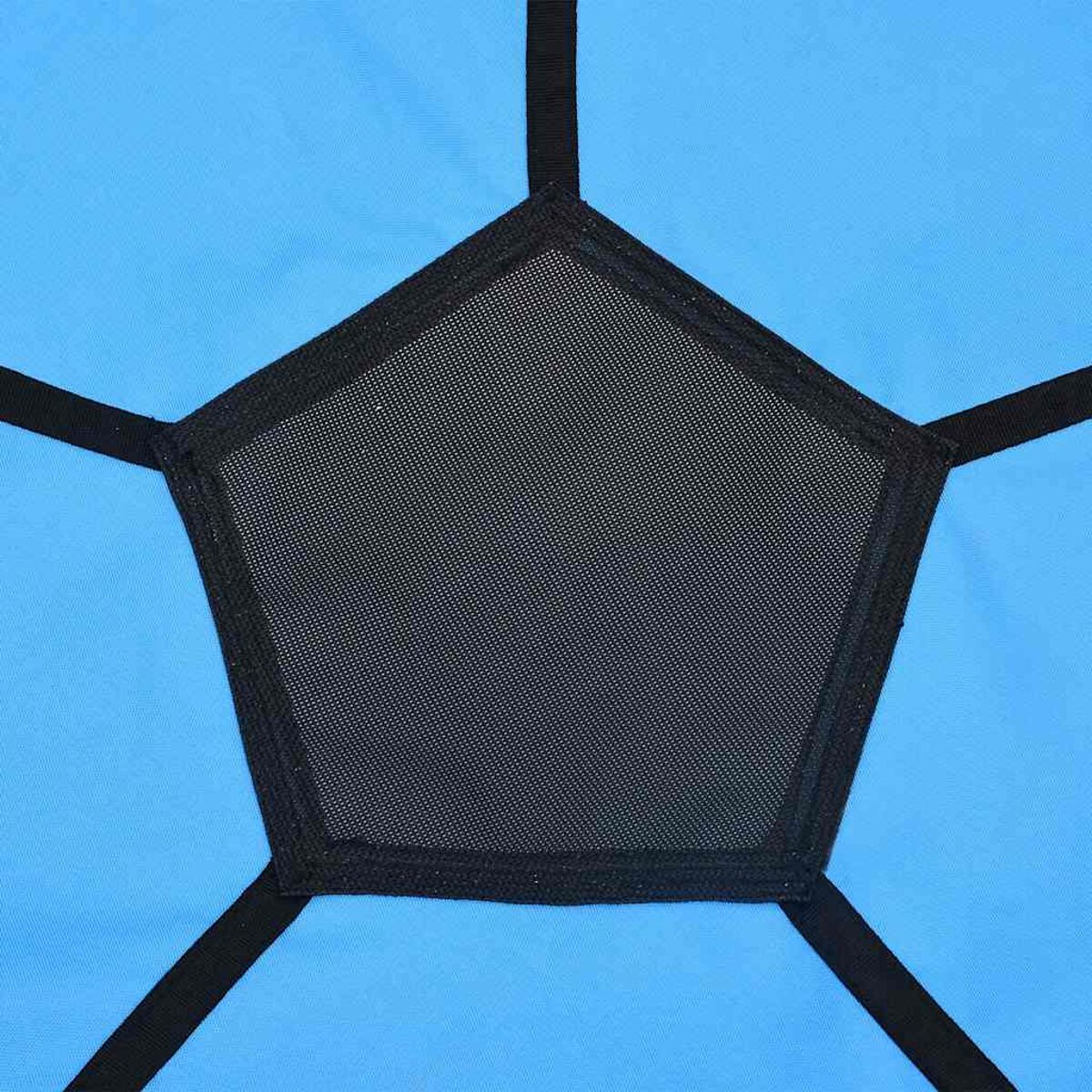 Primo piano di una rete da calcio nera e blu. Mostra una forma pentagonale con un centro a rete.