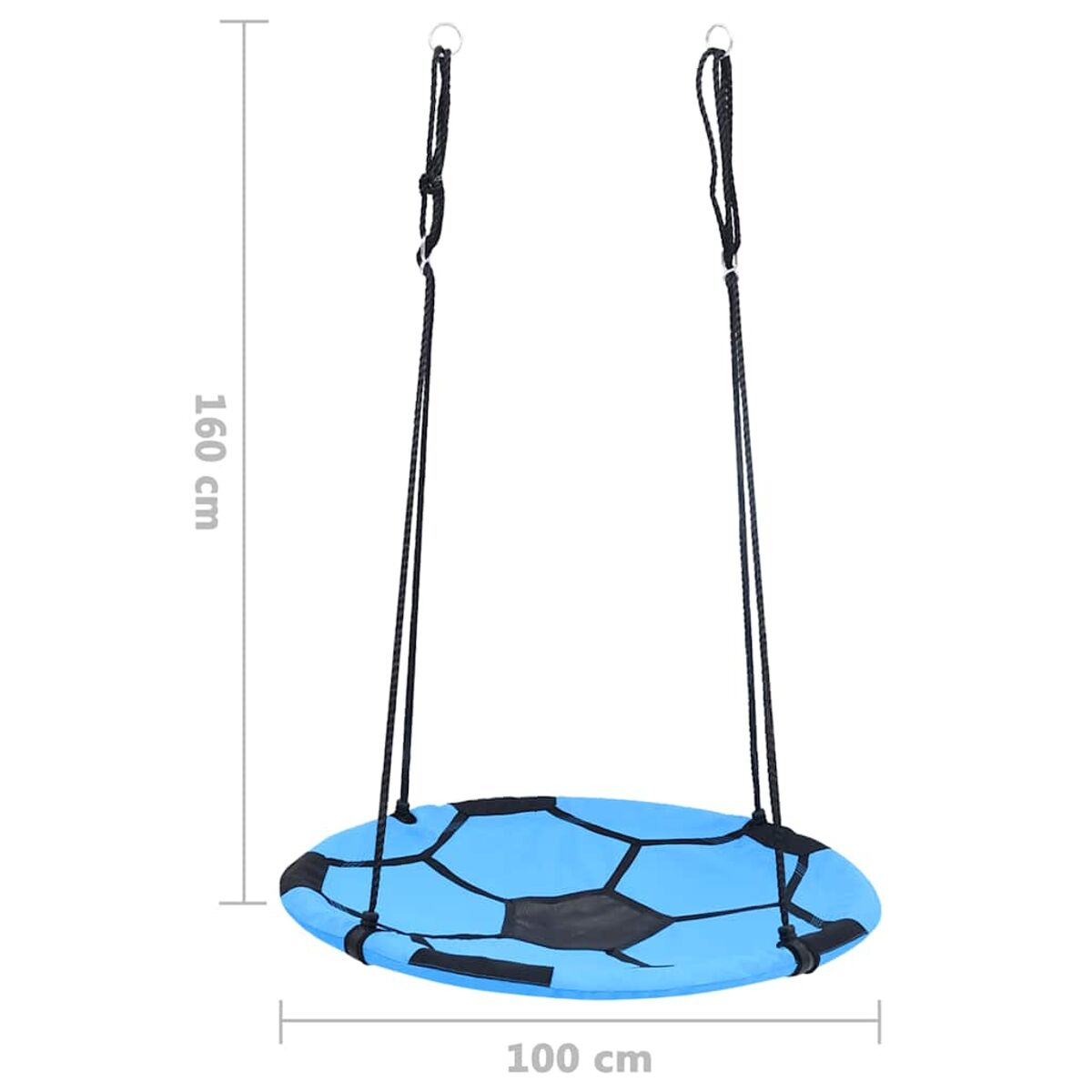 Altalena a forma di pallone da calcio blu e nero. Due corde nere attaccate agli anelli superiori, appese su sfondo bianco.