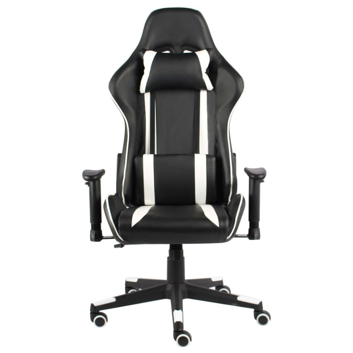 Ein schwarz-weißer Gaming-Stuhl mit Kopfstütze und Armlehnen.