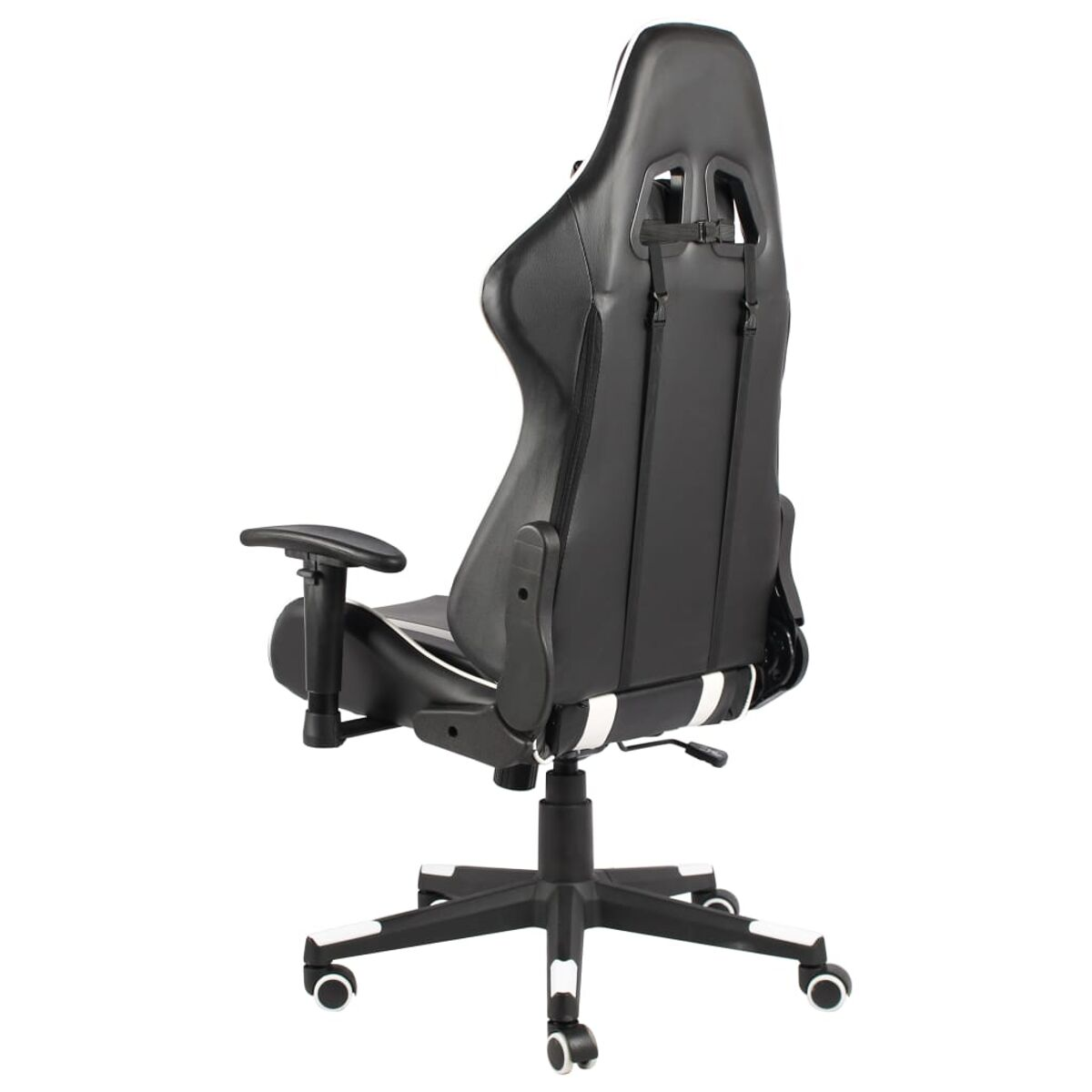 Die Rückseite eines Gaming-Stuhls mit weißen Streifen und einem schwarz-weißen Design, Räder sichtbar.