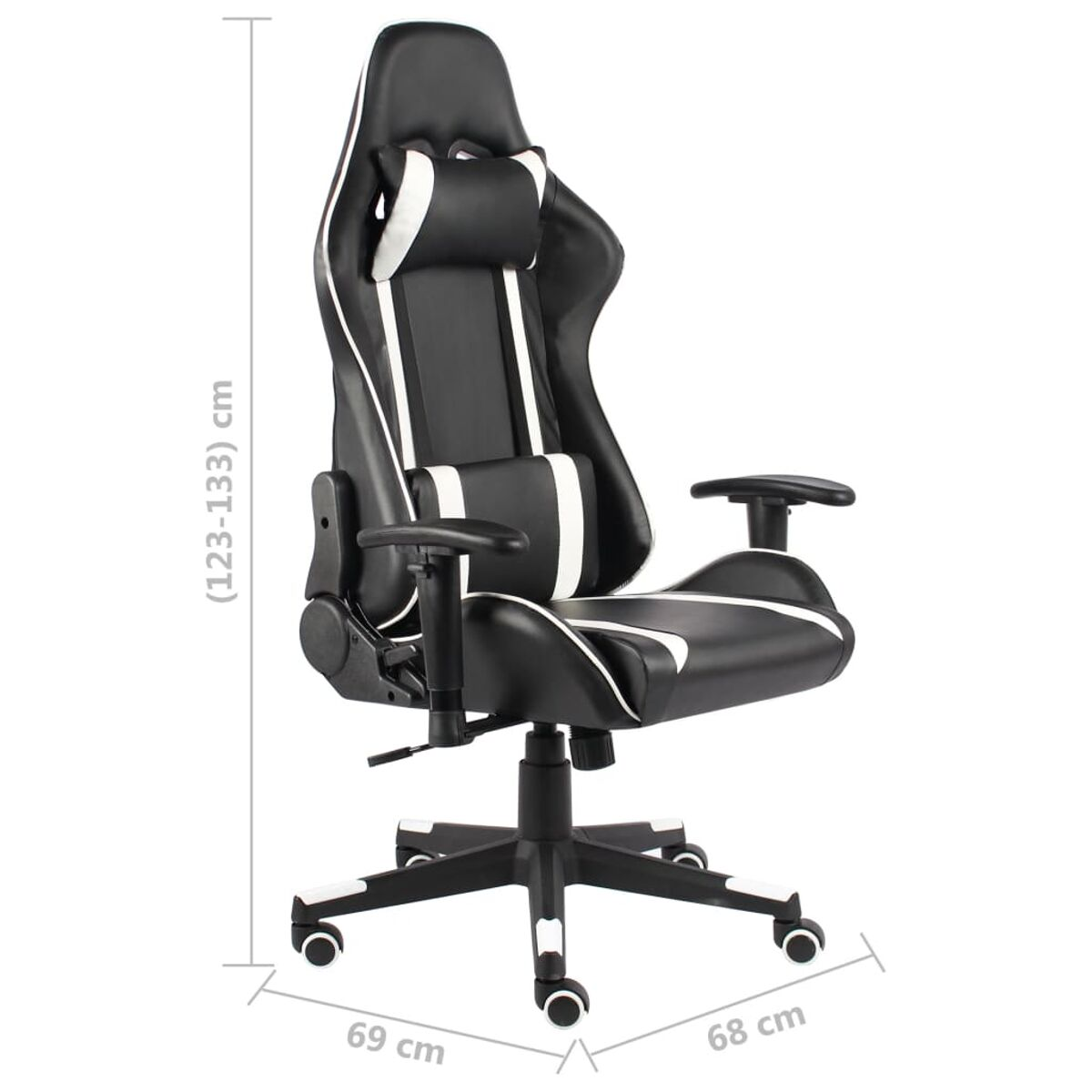 Gaming-Stuhl, schwarz mit weißen Akzenten, auf Rollen. Abmessungen gezeigt.
