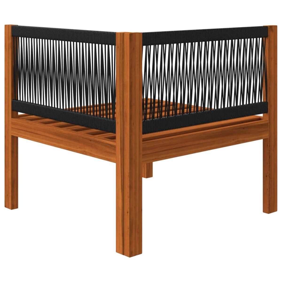 Quadratisches Outdoor-Sofa aus Holz mit schwarzen Seildetails. Der Rahmen ist braun und steht auf vier Beinen.