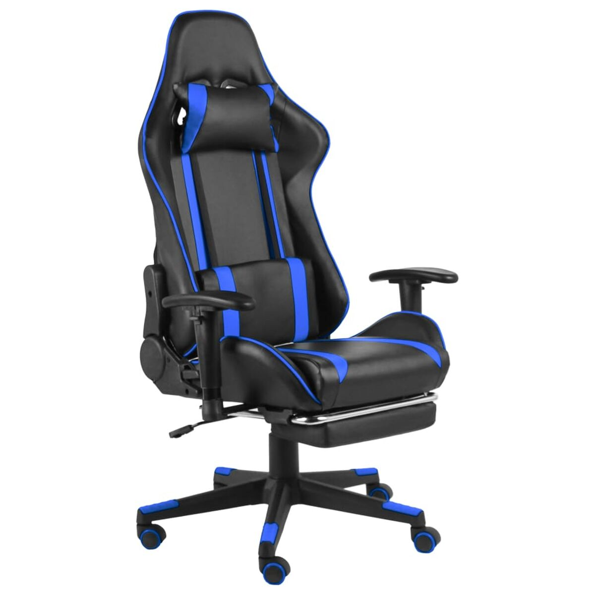 Una sedia da gaming nera e blu con poggiapiedi, su sfondo bianco.