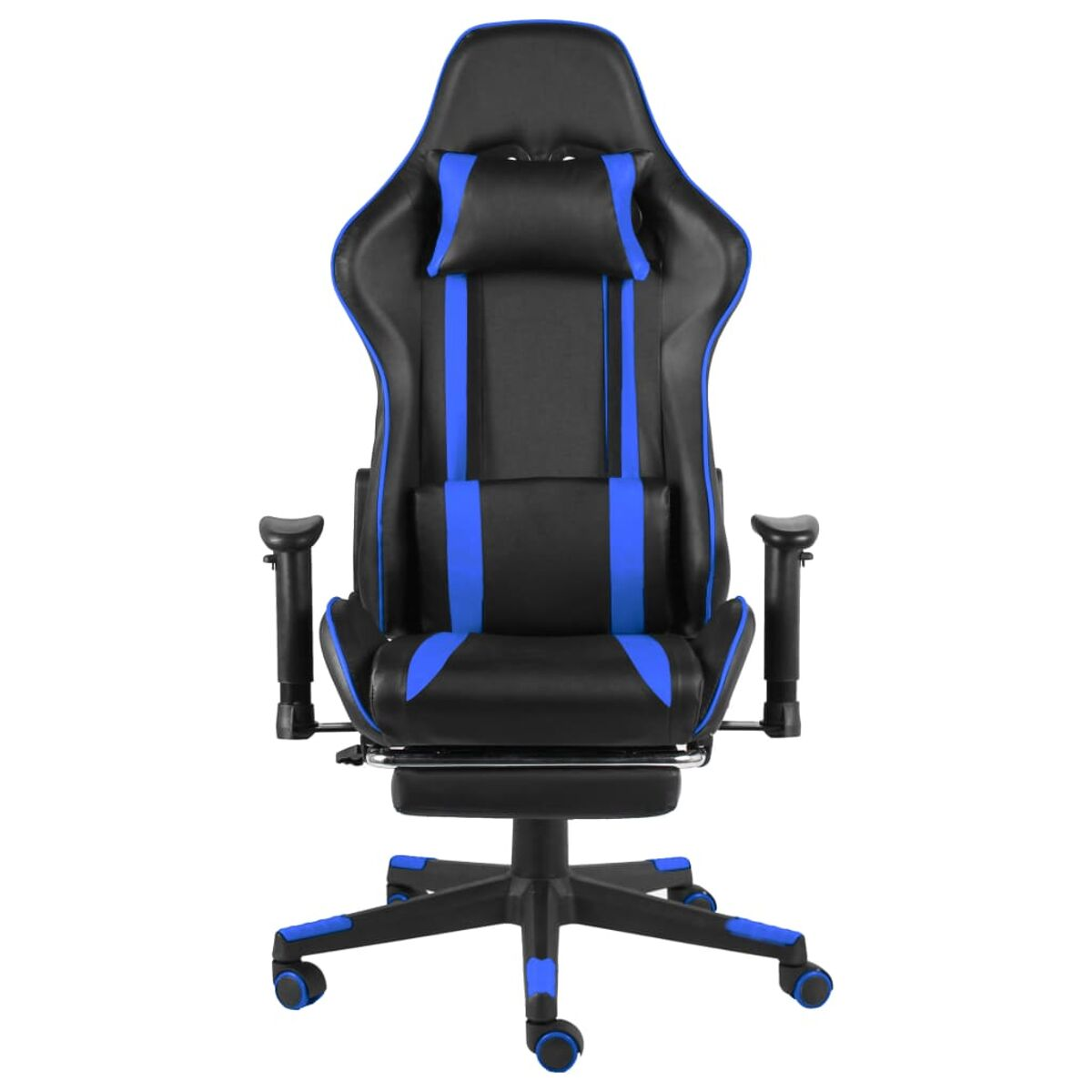 Sedia da gaming con dettagli neri e blu, poggiatesta, supporto lombare e braccioli.