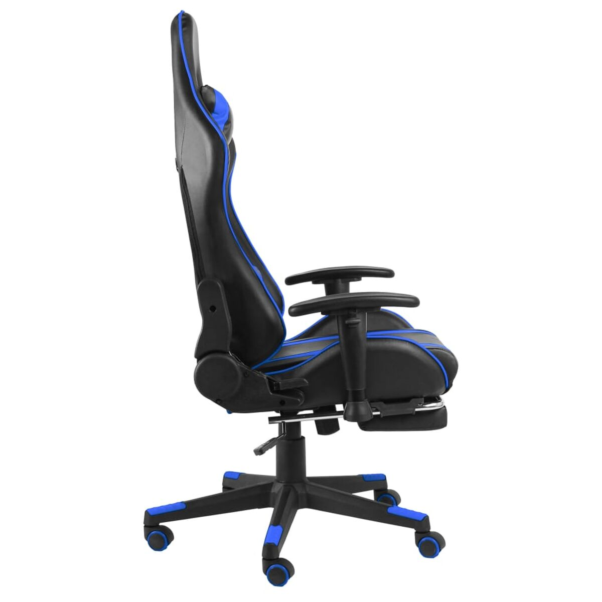 Vista laterale di una sedia da gaming nera e blu con schienale alto.