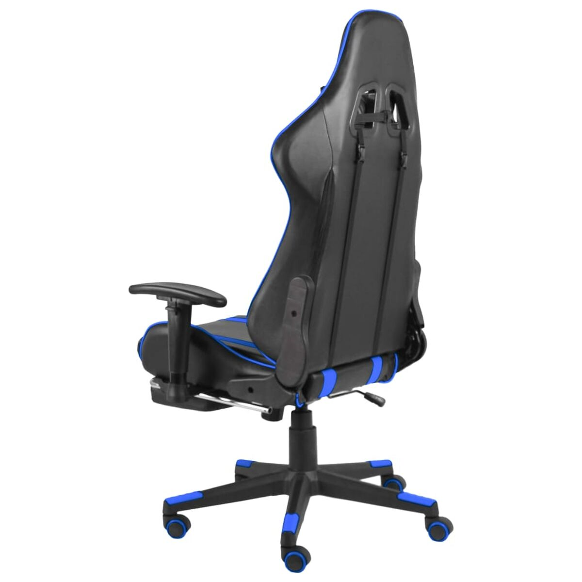 Sedia da gaming, nera con dettagli blu. Ha uno schienale alto, braccioli e una base a cinque stelle con ruote.