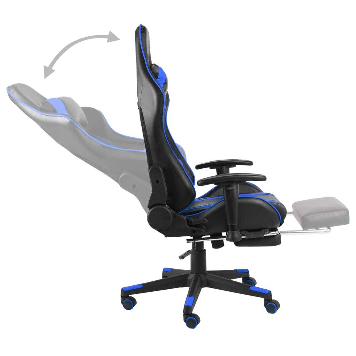 Sedia da gaming in nero e blu, con funzioni regolabili. Vista laterale.