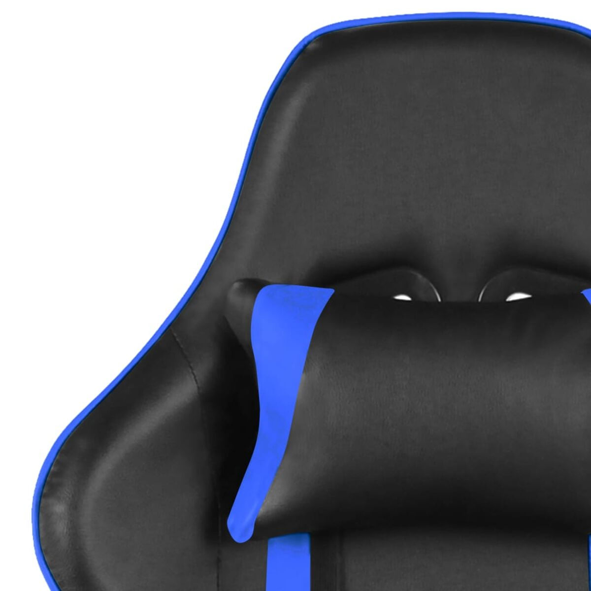 Primo piano del poggiatesta di una sedia da gaming nera e blu.