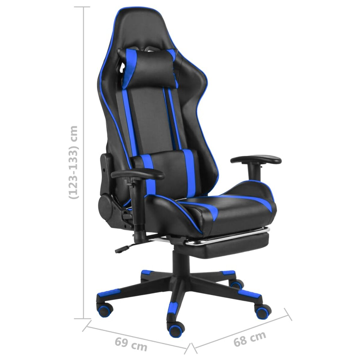 Sedia da gaming nera e blu con dimensioni indicate. Dotata di poggiapiedi.