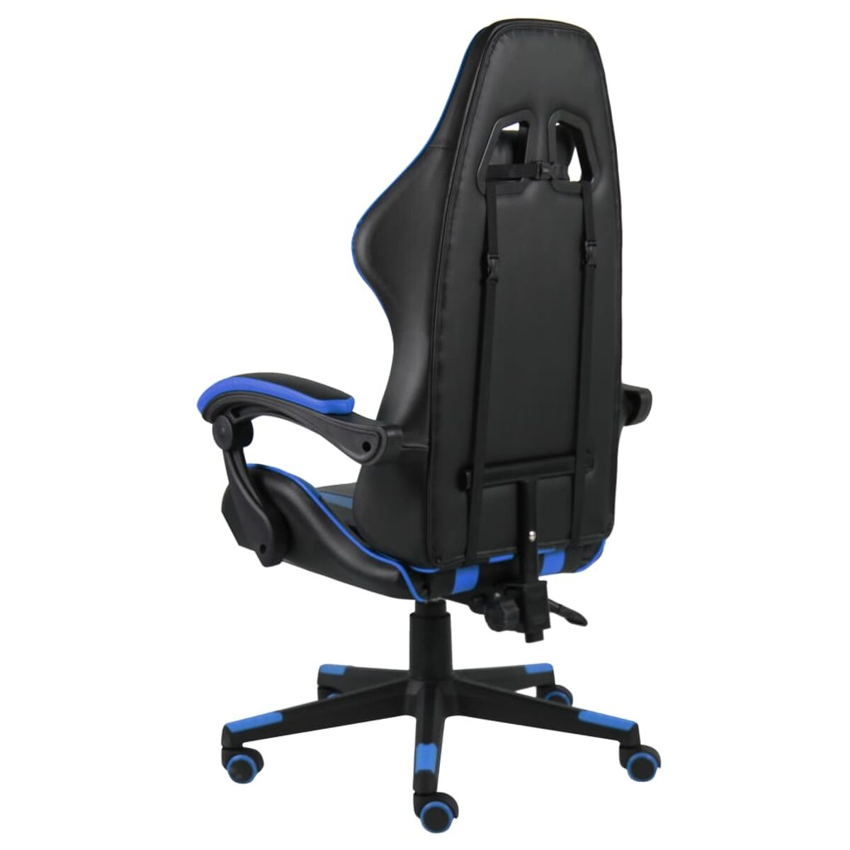Schwarz-blauer Gaming-Stuhl. Von hinten betrachtet. Räder und Basis sind blau.