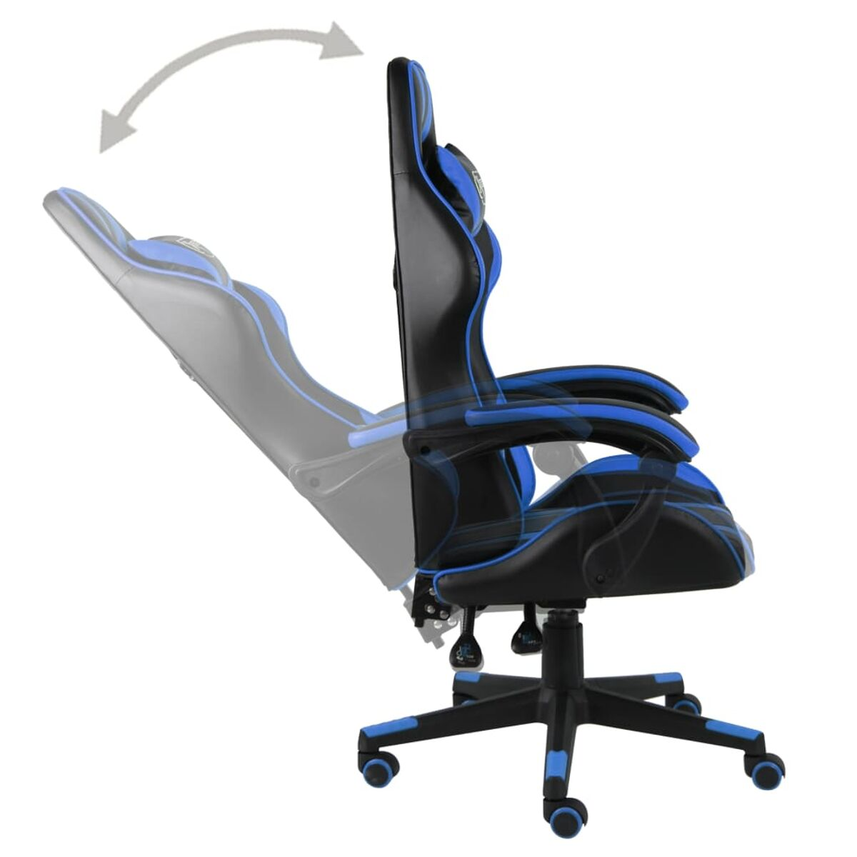 Gaming-Stuhl, schwarz mit blauen Akzenten, zeigt die Neigefunktion. Pfeil zeigt die Neigebewegung.