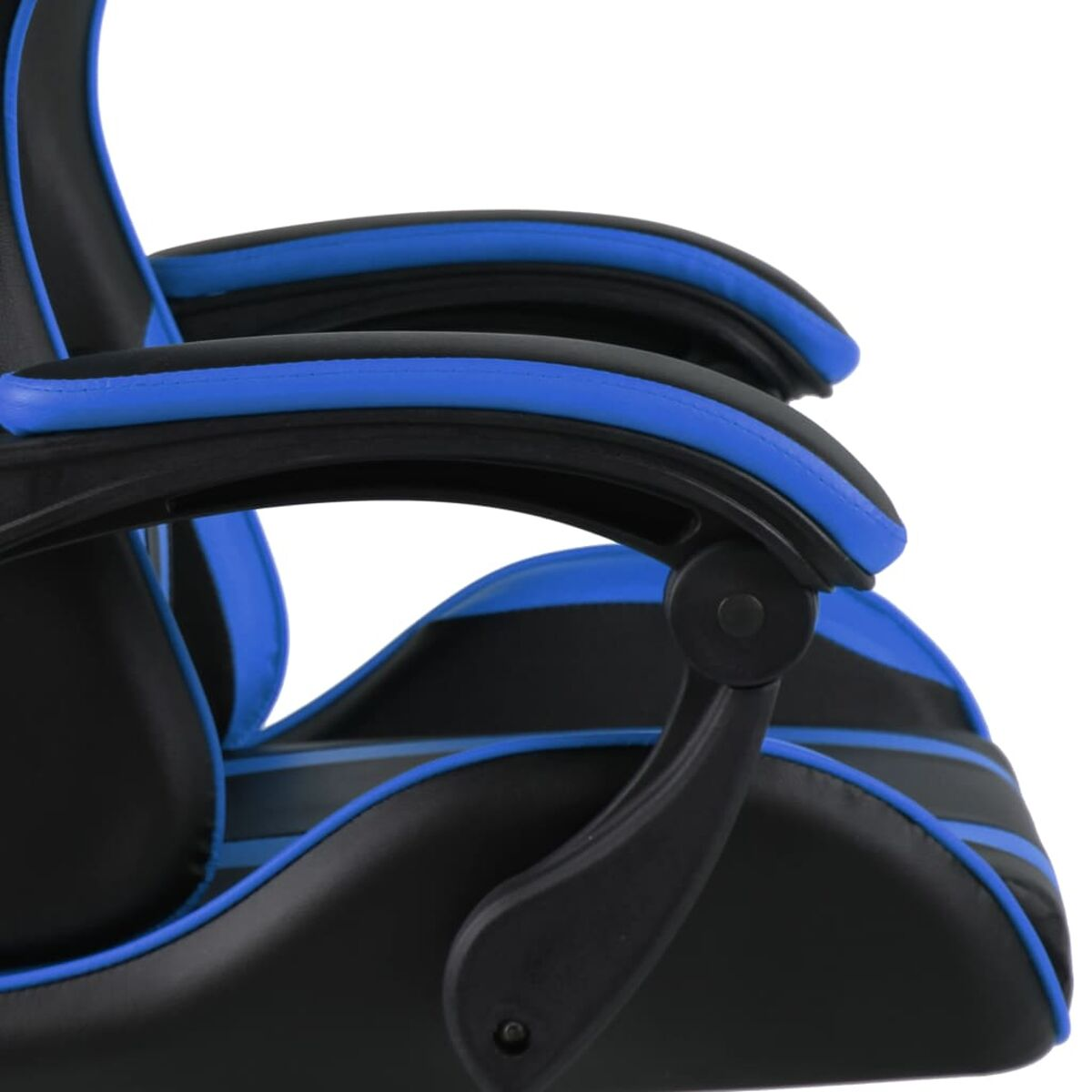 Nahaufnahme einer Gaming-Stuhl-Armlehne, schwarz und blau, mit geschwungenem Design.