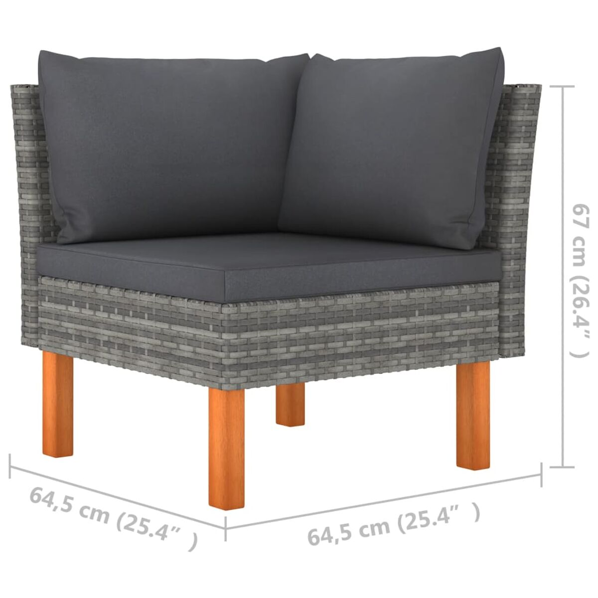 Grauer Rattan-Eckstuhl mit grauem Kissen und Kissen. Es hat Holzbeine.