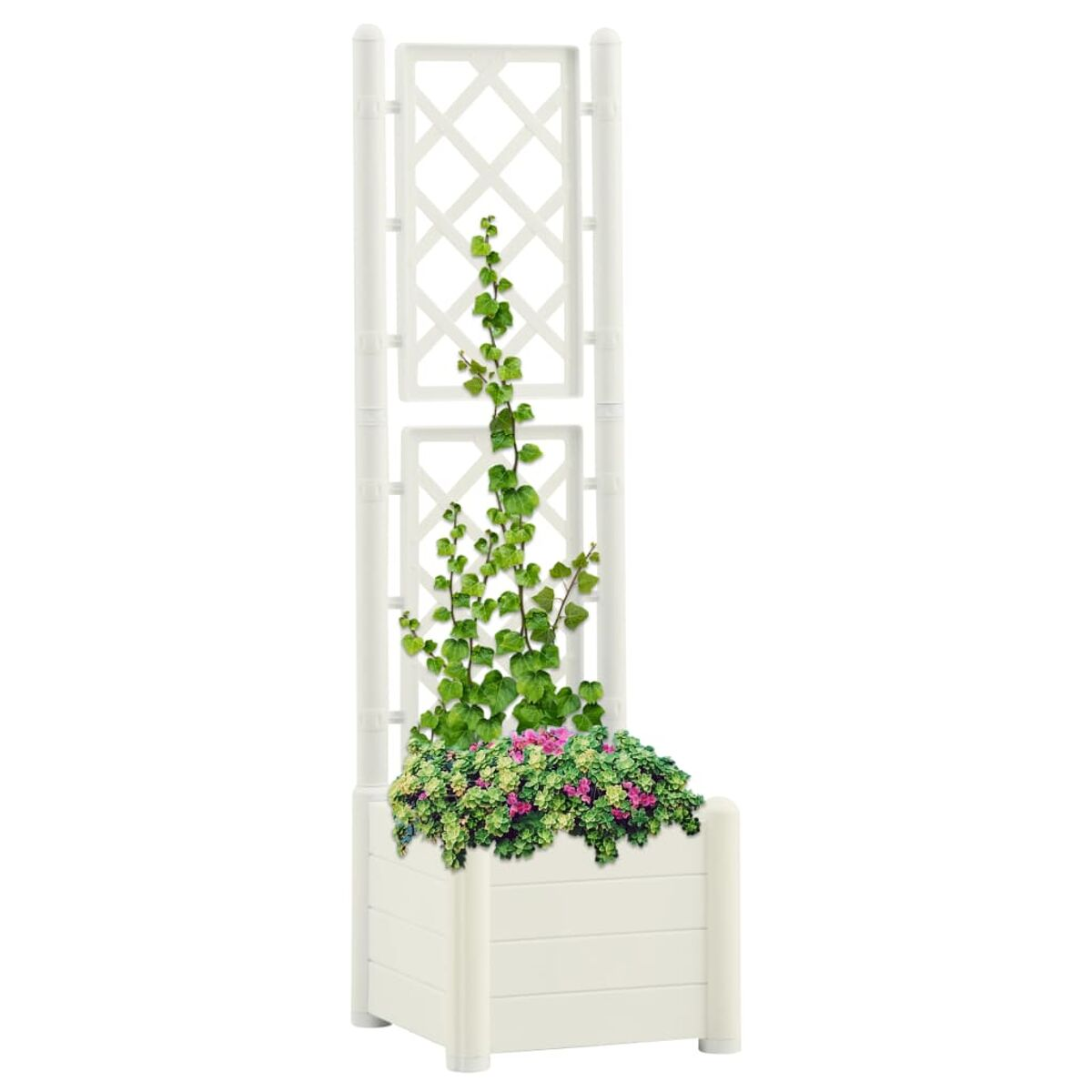 Weißer Pflanzkasten mit Spalier und Grünzeug. Grüne und rosa Blumen sind sichtbar.