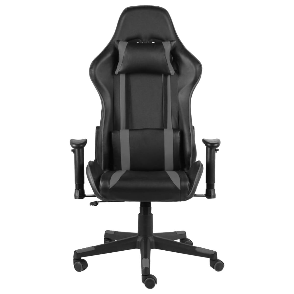 Una sedia da gioco nera. È nera con accenti grigi e ha un poggiatesta e braccioli.