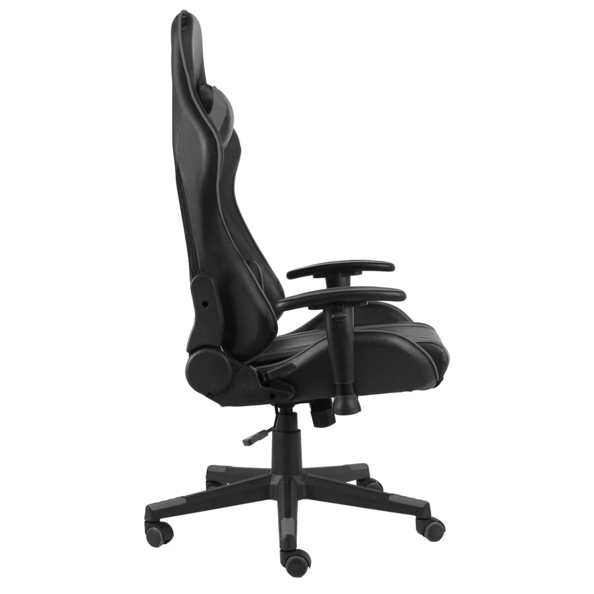 Sedia da gaming nera, vista laterale, che mostra braccioli, sedile e schienale, su sfondo bianco.