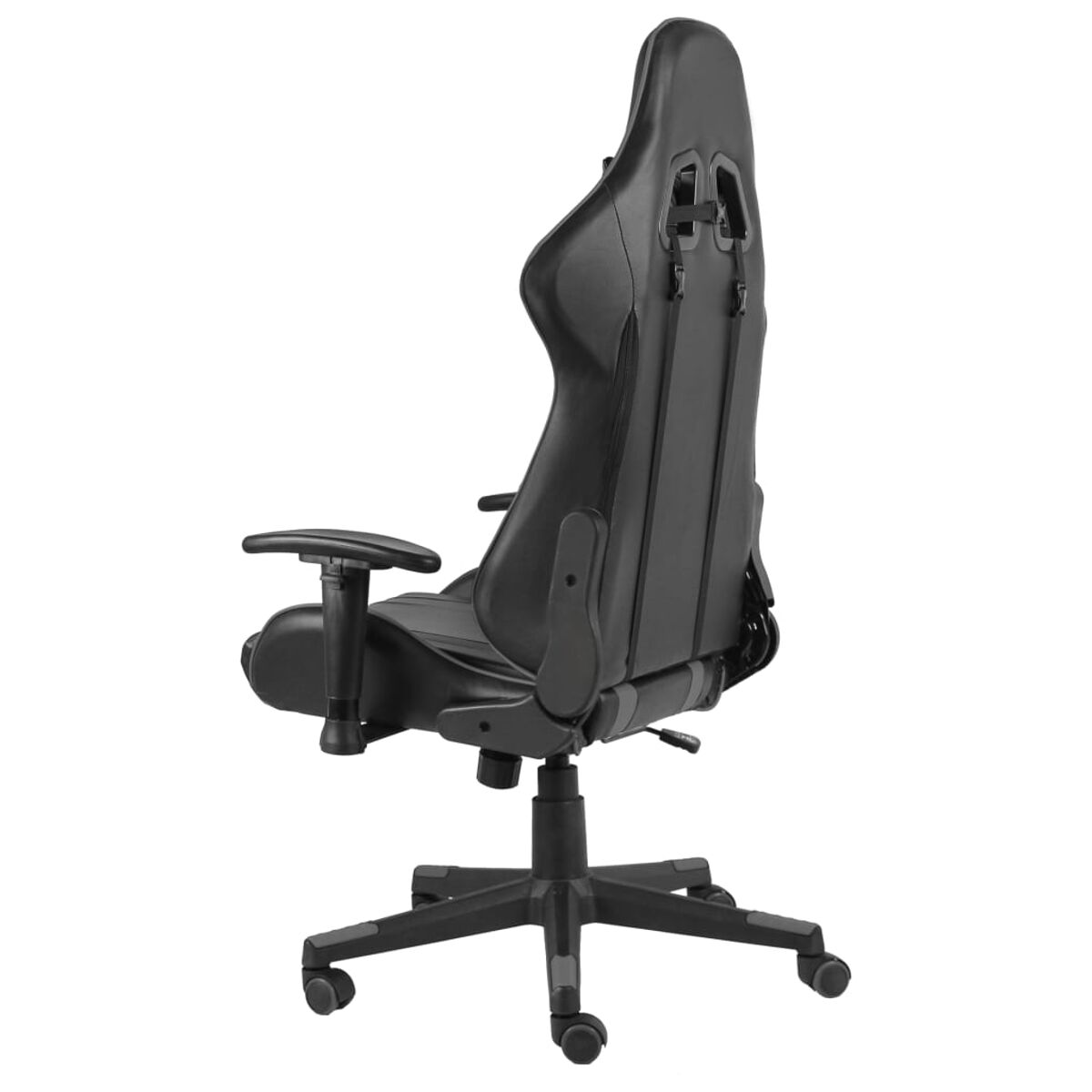 Sedia da gaming nera, vista laterale. Mostra braccioli, ruote e poggiatesta.