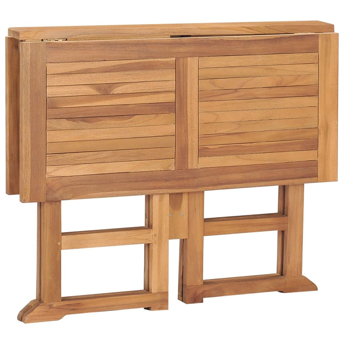 Klapptisch aus Holz, braune Farbe. Sichtbare Holzmaserung. Offen, mit sichtbaren Scharnieren.