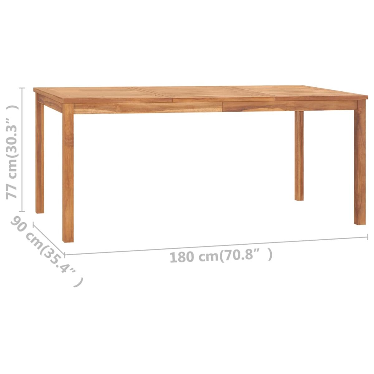Rechteckiger Holztisch mit Maßen. Braunes Holz mit vier Beinen.