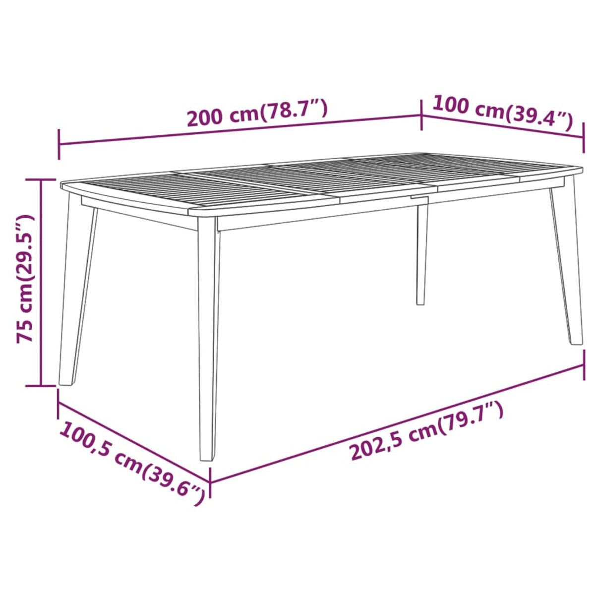 Diagramm eines Holztisches mit Abmessungen in cm und Zoll.