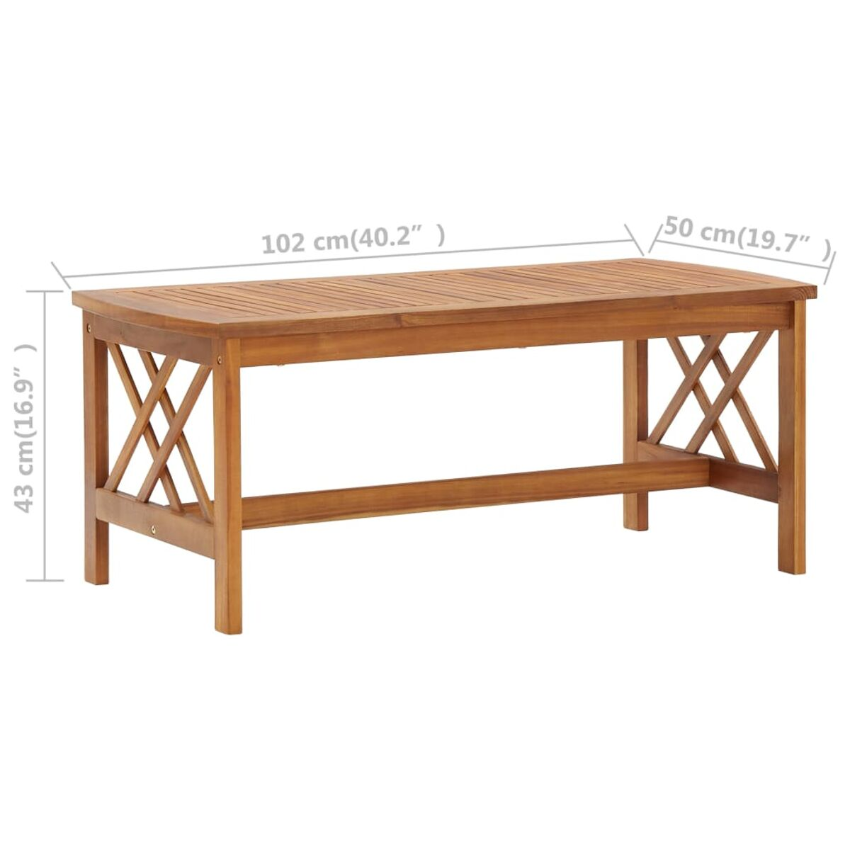 Rechteckiger Couchtisch aus Holz. Maße sind angegeben. X-förmige Beine stützen.