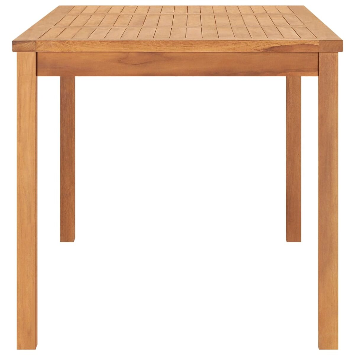 Quadratischer Holztisch mit Lamellen auf der Oberseite, isoliert auf Weiß.
